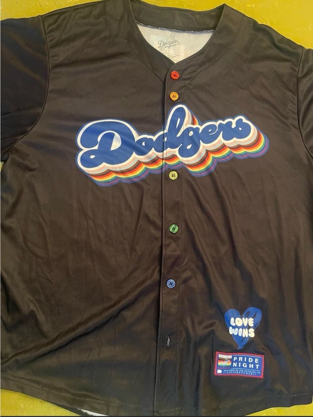 Black Dodgers Pride Night jersey with rainbow-colored 'Dodgers' script SIZE XL